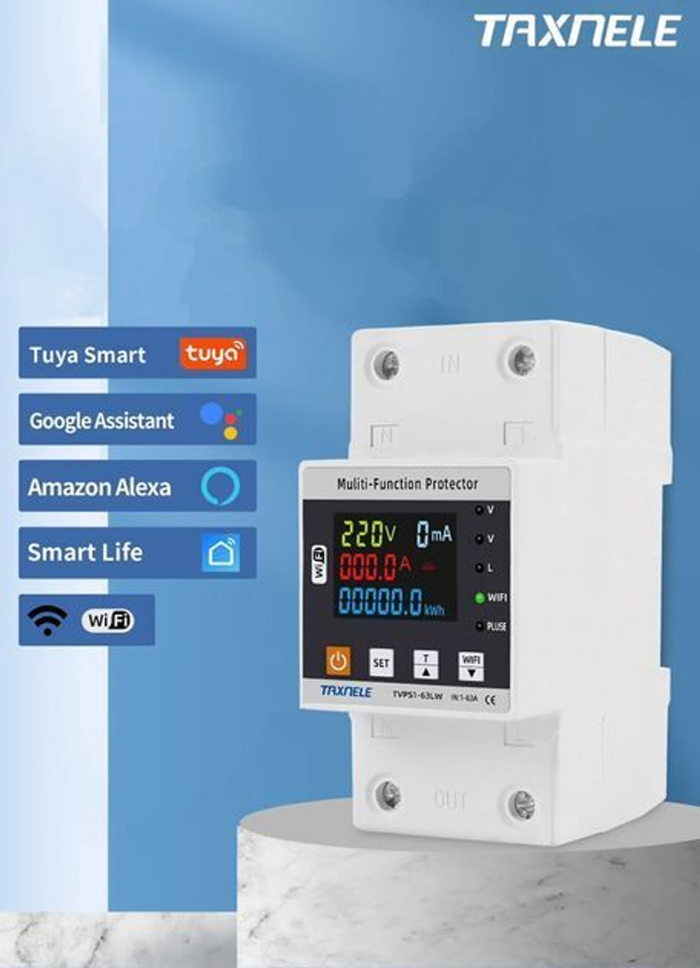 Умное WiFi реле (выключатель) на DIN-рейку Taxnele TVPS1-80LW (80А, Smart Life/Tuya, защита электросети, энергомониторинг, автоматический повторный ввод)