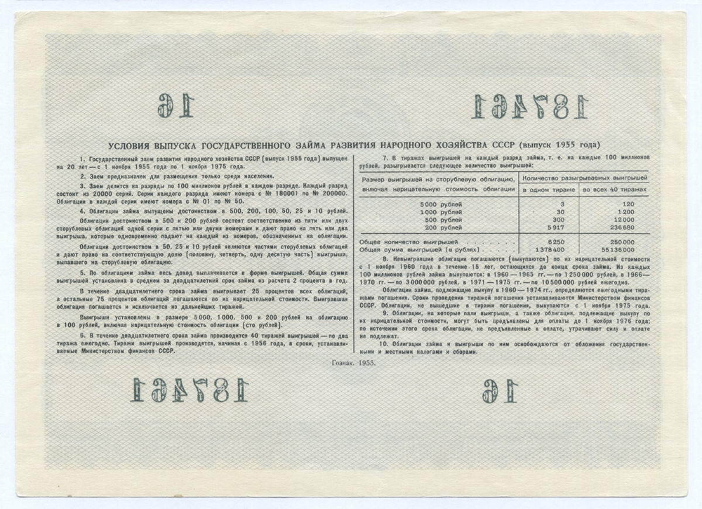 Облигация 100 рублей 1955 год. Серия № 187461. XF