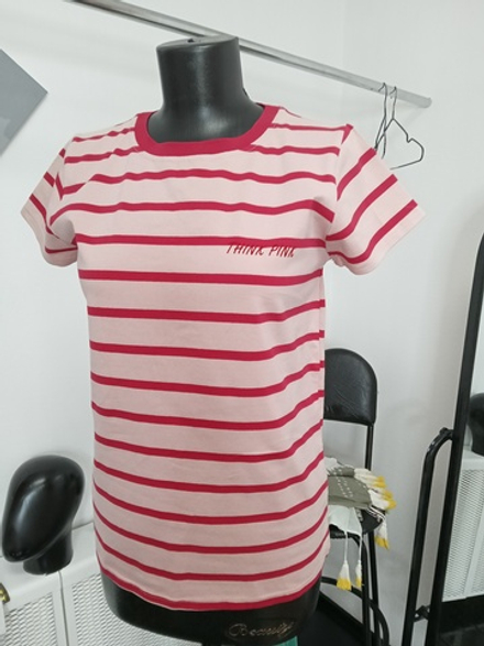 Футболка женская розовая в красную поперечную полоску, Размер - 46/48 русский