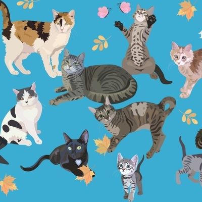 Коты, бабочки и осенние листья на голубом фоне