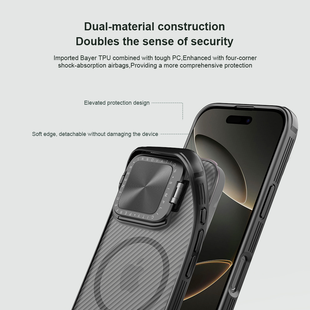 Чехол прозрачный тонированный (Transparent Black) от Nillkin с металлической крышкой и MagSafe на iPhone 16 Pro, серия CamShield Prop Magnetic Case