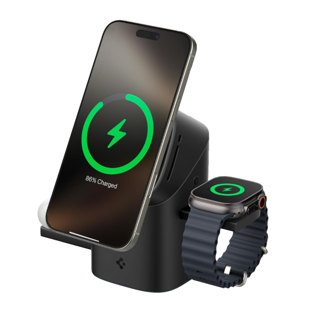 Зарядная станция MagSafe с активным охлаждением Spigen Essential для iPhone, Apple Watch и AirPods (Qi2) Беспроводная зарядка: Qi 15 Вт, Qi 5 Вт, магнитное крепление для зарядки Apple Watch (Qi 2,5 Вт). Проводная зарядка: нет. Сертификация Qi2. Есть LED-и