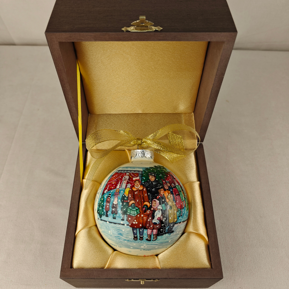 Коллекционный шар новогодний с круговой росписью Палех "Новый год"-3 в футляре