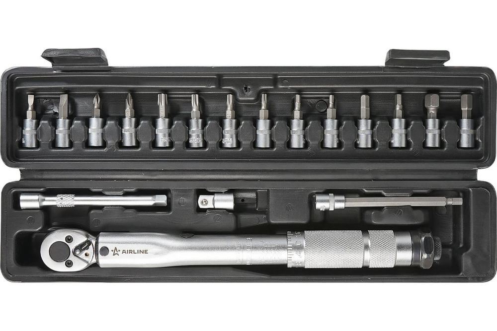 Динамометрический ключ 1/4" 5-25 Нм длина ключа 265 мм в кейсе с удлинителем адаптером и битами AIRLINE ATBN014