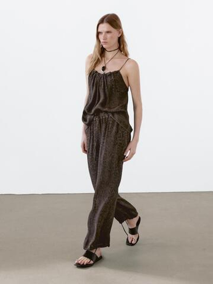 Massimo Dutti Жаккардовые брюки свободного кроя с широкими штанинами, зелено-коричневый