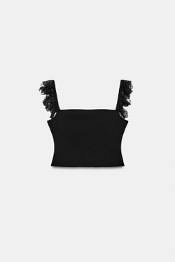 ZARA КРУЖЕВНОЙ ТОП В БЕЛЬЕВОМ СТИЛЕ, ЧЕРНЫЙ