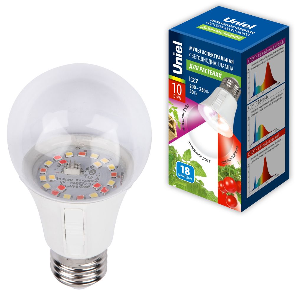 LED-A60-10W-SPM3-E27-CL PLP35WH MULTIPLANT Лампа светодиодная для растений. Форма A. прозрачная. Три спектра для проращивания. роста и цветения. Картон. ТМ Uniel