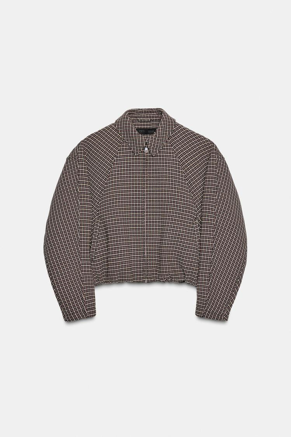 ZARA УТЕПЛЕННЫЙ БОМБЕР С УЗОРОМ «ГУСИНАЯ ЛАПКА», СЕРЫЙ/НЕЖНО-КОРИЧНЕВЫЙ