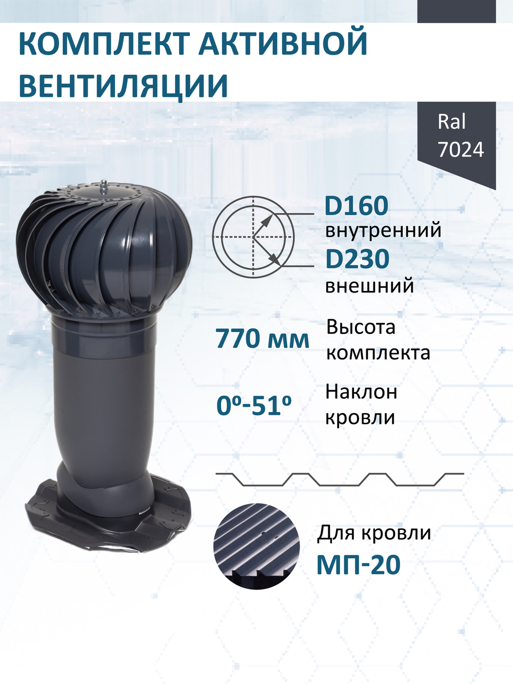 Комплект активной вентиляции: Вентиляционный выход изолированный Vilpe D160/225 утепленный высота H=500 мм, проходной элемент PROF-20 для металлопрофиля кровельного профнастила МП20 иС20, турбодефлектор Ø 230 мм, серый графит