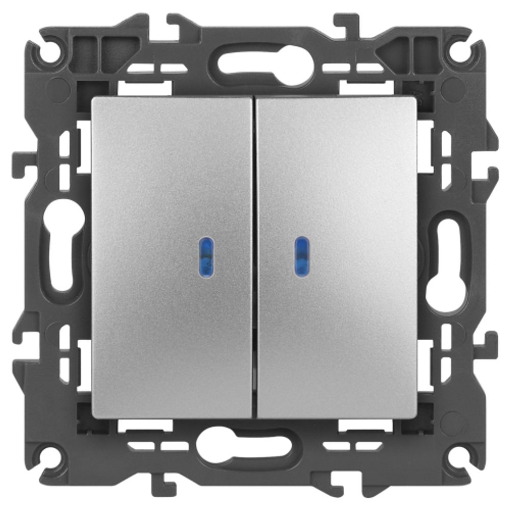 14-1105-03 ЭРА Выключатель двойной с подсветкой, 10АХ-250В, IP20, Эра Elegance, алюминий
