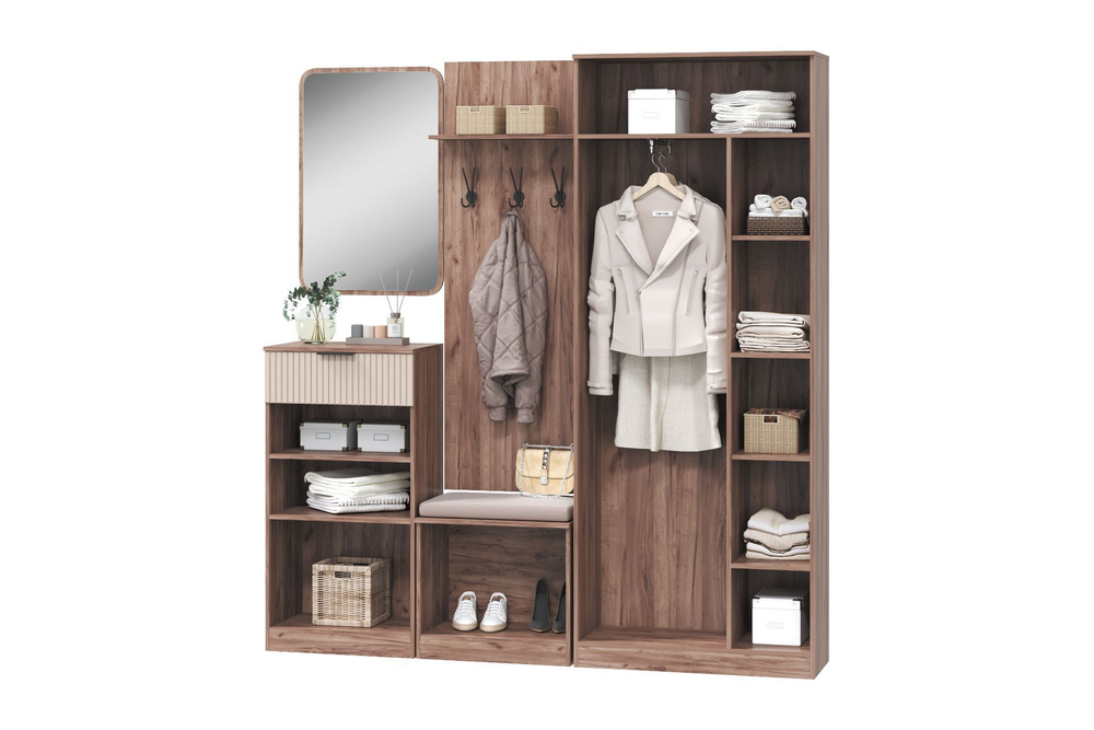 Прихожая с зеркалом комплект мебели Дуб Табачный/Бисквит, Тоскана, 210х38,4х227,4 см