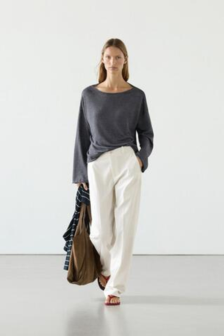 Massimo Dutti Льняной свитер с вырезом «лодочка», темно-синий