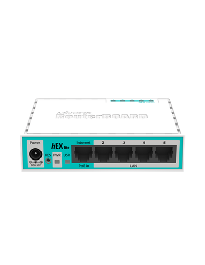 Маршрутизатор MikroTik hEX lite with 850MHz CPU, 64MB RAM, 5 LAN ports, RouterOS L4, plastic case, PSU