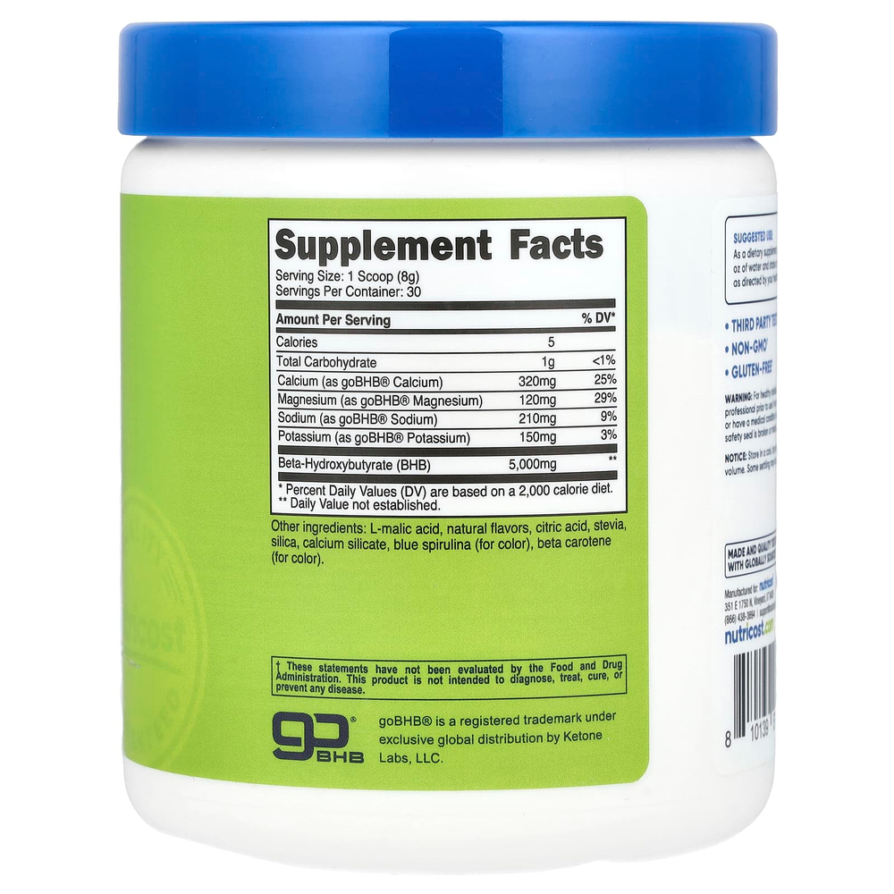 Nutricost, BHB Salts, goBHB®, зеленое яблоко, 252 г (9 унций)