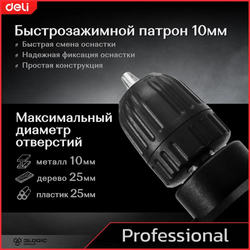 Профессиональная сетевая безударная дрель Deli DE-DZ10-1E (500Вт, быстрозажимной патрон 10мм, 3300 об/мин)