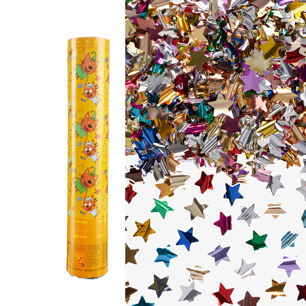 Пневмохлопушка (12/30 см), Три Кота, Звезды фольга, Ассорти, Металлик, 1 шт.