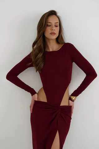 Боди с длинными рукавами из вискозы цвета бордо
