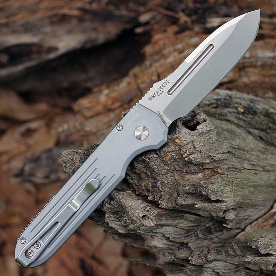 Нож автоматический Pro-Tech PDW Invictus Gray (Blade Show 2024) - сталь CPM-MagnaCut, рукоять алюминий, кнопка перламутр