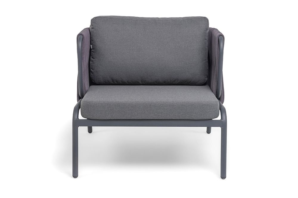 "Ронда" кресло плетеное из роупа, каркас алюминий темно-серый (RAL7024) муар, роуп серый 40 мм tex, ткань темно-серая 027