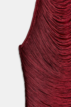 ZARA КОРОТКОЕ ПЛАТЬЕ С ГОРЛОВИНОЙ ХАЛТЕР И БАХРОМОЙ, ВИШНЕВЫЙ