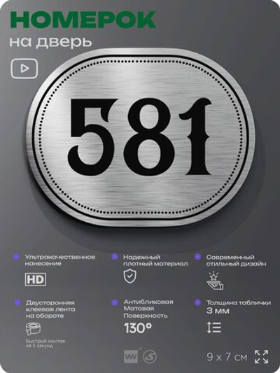 Номерок на дверь квартиры 581, для кабинета, офиса, шильдик 9 х 7 см, серебристый, Айдентика Технолоджи