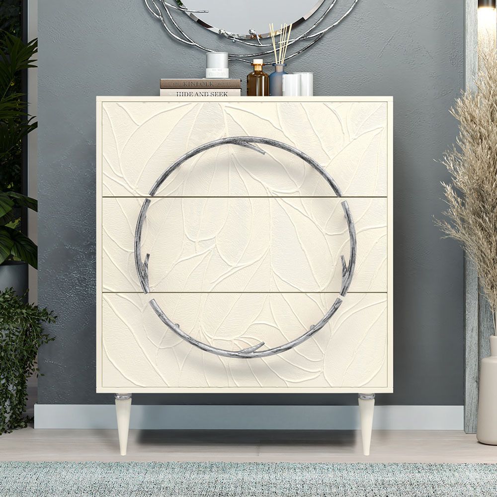 Комод Арт Колор leaves Классик Сильвер с 3 ящиками Кремовый белый