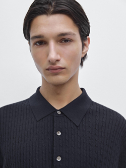 Massimo Dutti Трикотажный свитер-поло из мериносовой шерсти, темно-синий