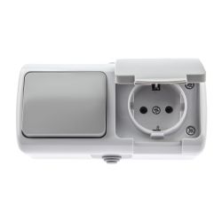 Блок розетка с выключателем Intro Atlantic 5-701-03 одноклавишным 2P+E 10-16А-250В гориз. открытой установки IP54 серый