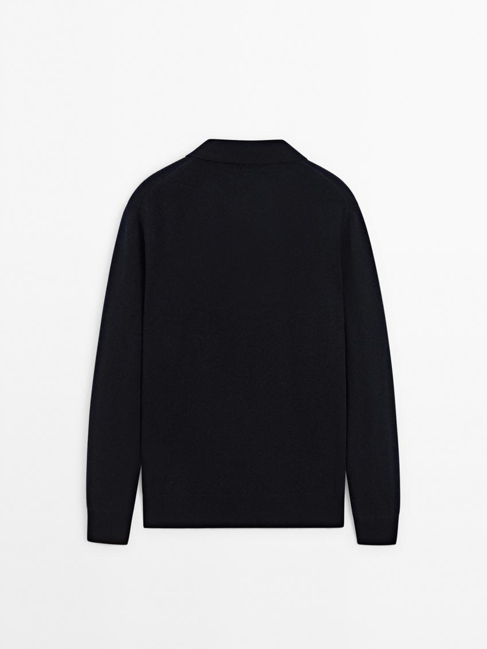 Massimo Dutti Свитер с воротником-поло из смесовой шерсти, темно-синий