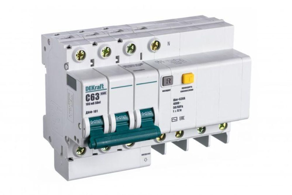 Выключатель автоматический дифференциального тока 4п (3P+N) C 63А 100мА тип AC ДИФ-101 со встроен. защитой от сверхтоков DEKraft 15226DEK Выключатель автоматический дифференциального тока 4п (3P+N) C 63А 100мА тип AC ДИФ-101 со встроен. защитой от сверхтоков DEKraft 15226DEK