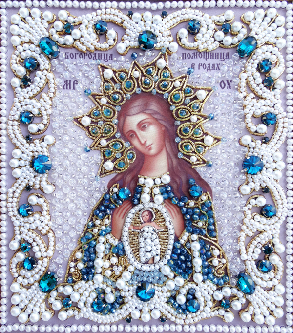 ЖС-16-ЗЛ Набор для вышивания хрустальными камнями Богородица Помощница в родах (лазурный)