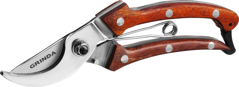 GRINDA P-17, 195 мм, из нержавеющей стали, с деревянными рукоятками, цельнокованый компактный плоскостной секатор, PROLine (423417)