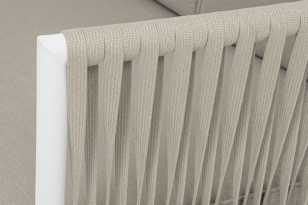 "Касабланка" диван 3-местный плетеный из роупа, каркас алюминий белый муар, роуп бежевый 20мм, ткань бежевая 052