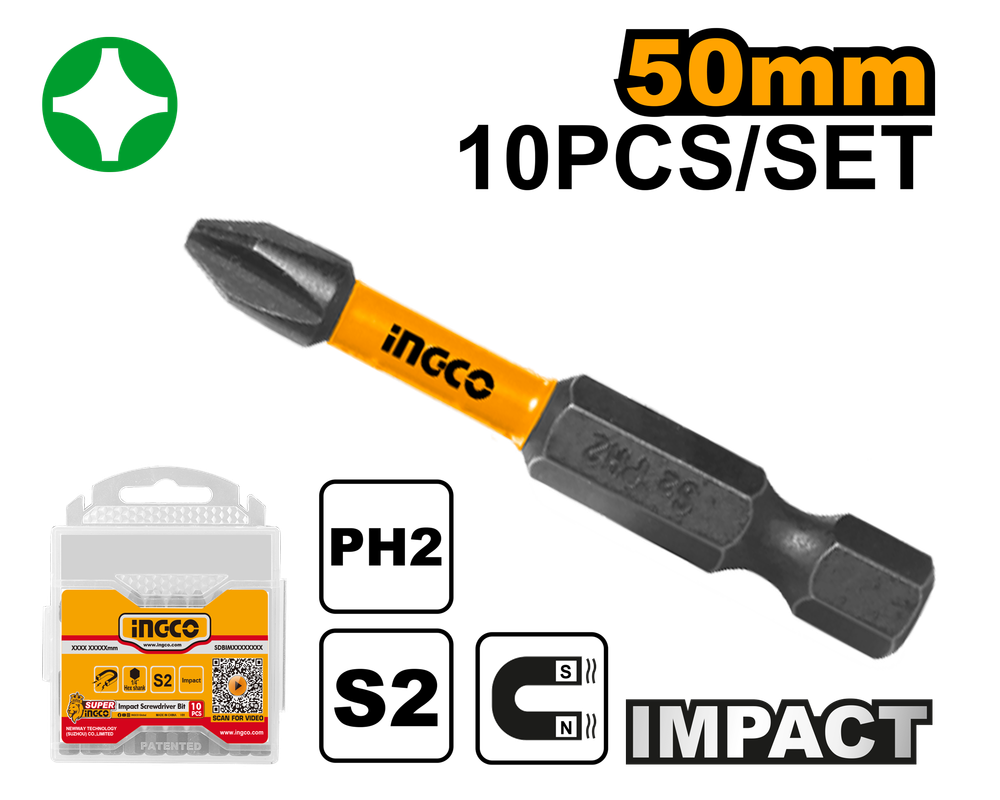 Набор ударных бит для шуруповерта IMPACT INGCO SDBIM11PH223 INDUSTRIAL РН2х50 мм 10 шт.
