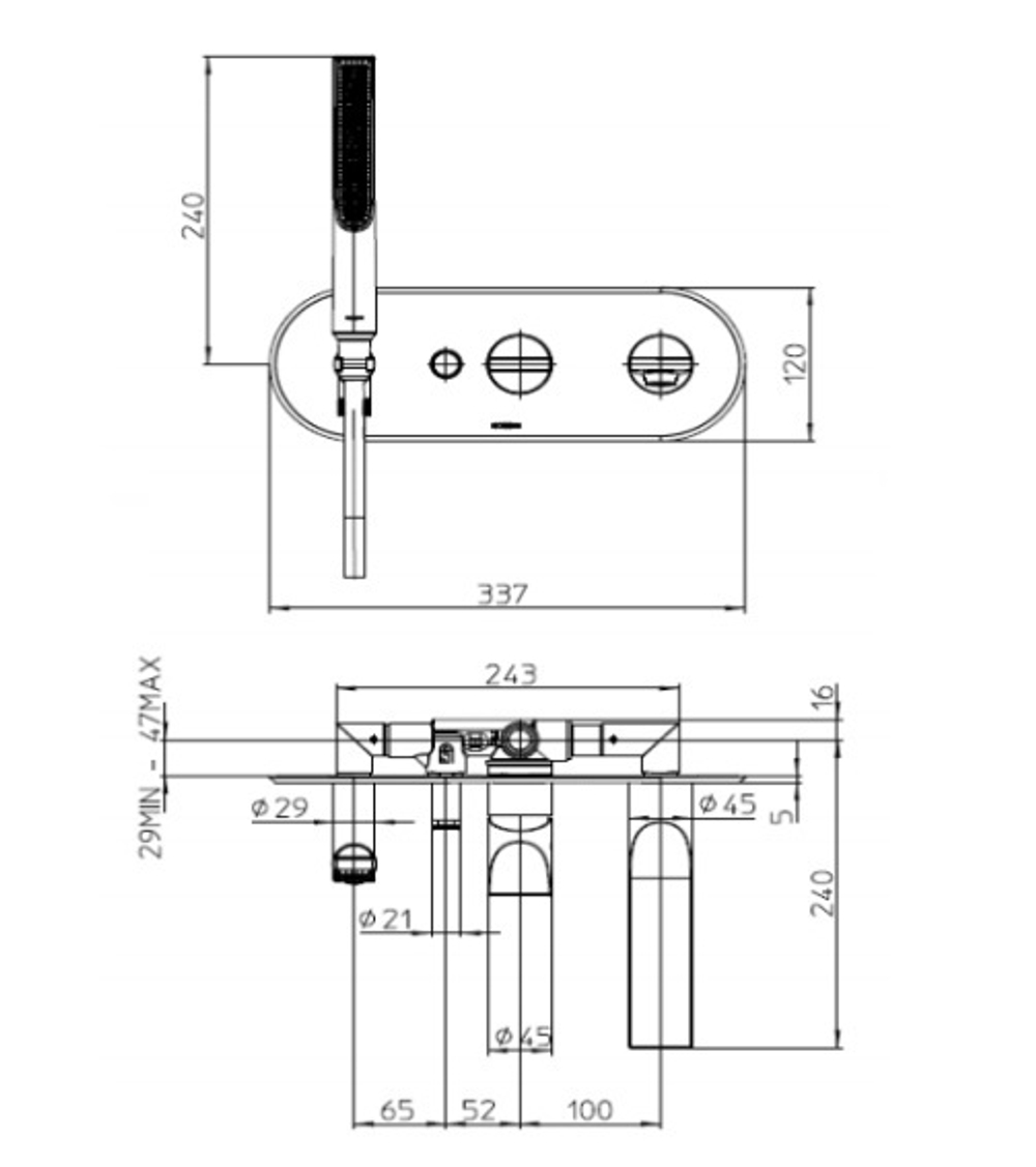 Bossini Apice смеситель для ванны с кнопочным переключением на 2 выхода, излив 207 мм, ручной душ Slim на фиксированном держателе, шланг Cromolux 150