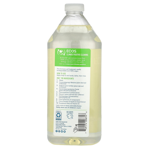 Earth Friendly Products, Ecos®, запасное мыло для рук на растительной основе, лемонграсс, 946 мл (32 жидк. Унции)