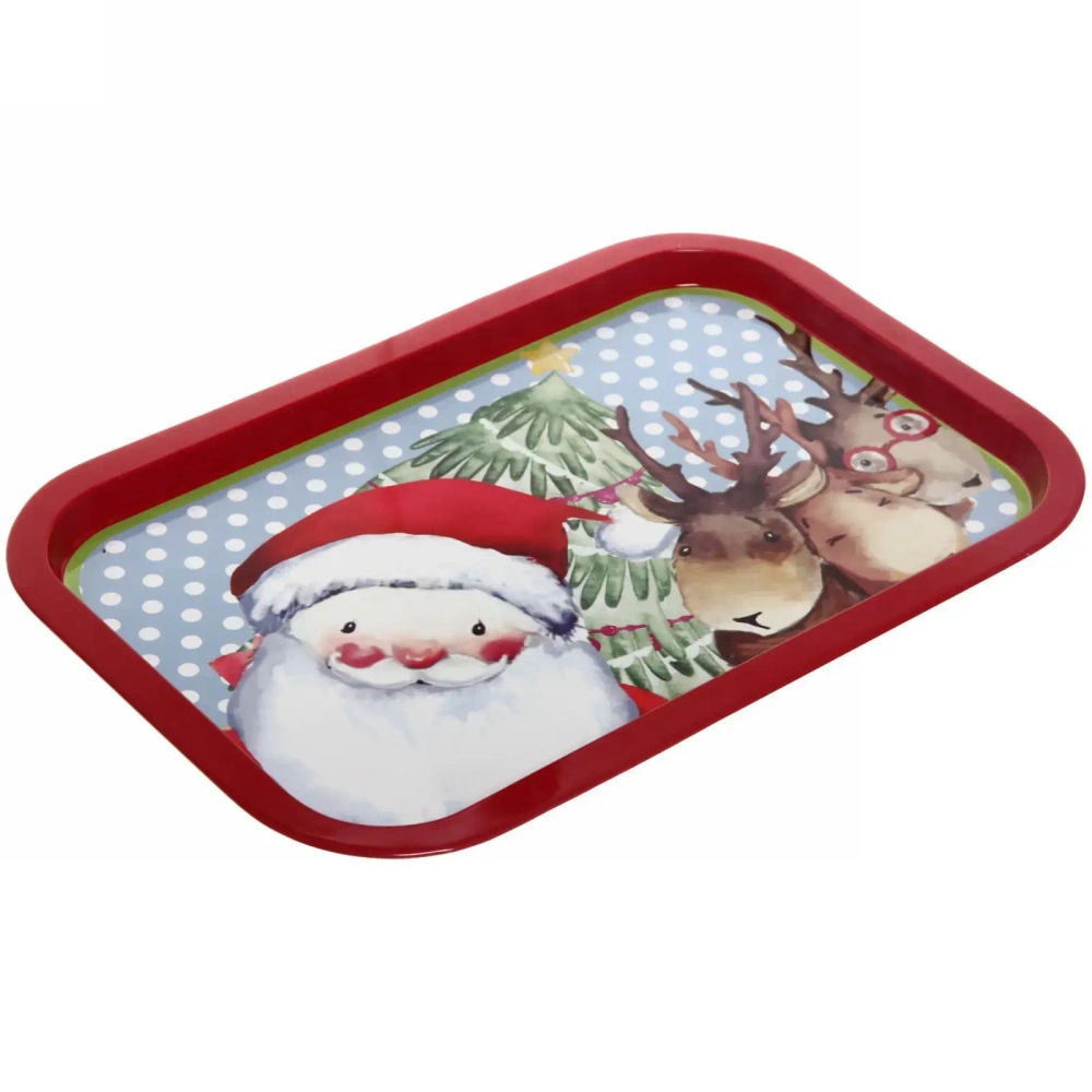Поднос жестяной 34,5*23,5см «Дед Мороз с оленями»