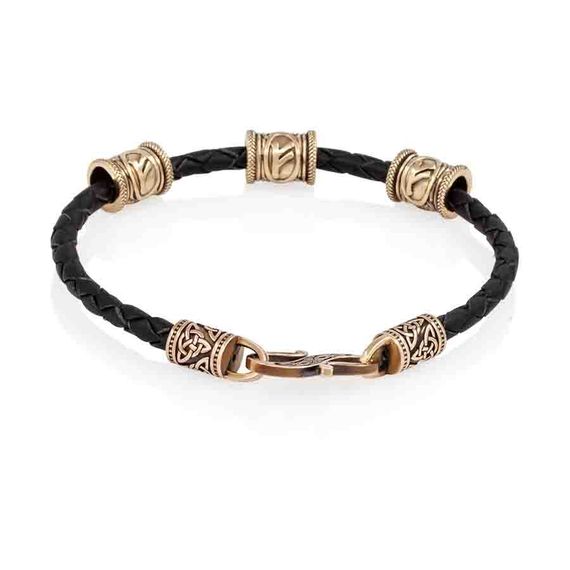 Браслет гайтан черный 3 мм с тремя рунами Феху Бронза, вид 2