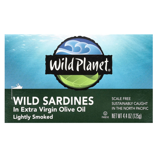 Wild Planet, Сардины, выловленные в диких условиях, в оливковом масле первого отжима, Слегка подкопченные, 4,4 унц. (125 г)