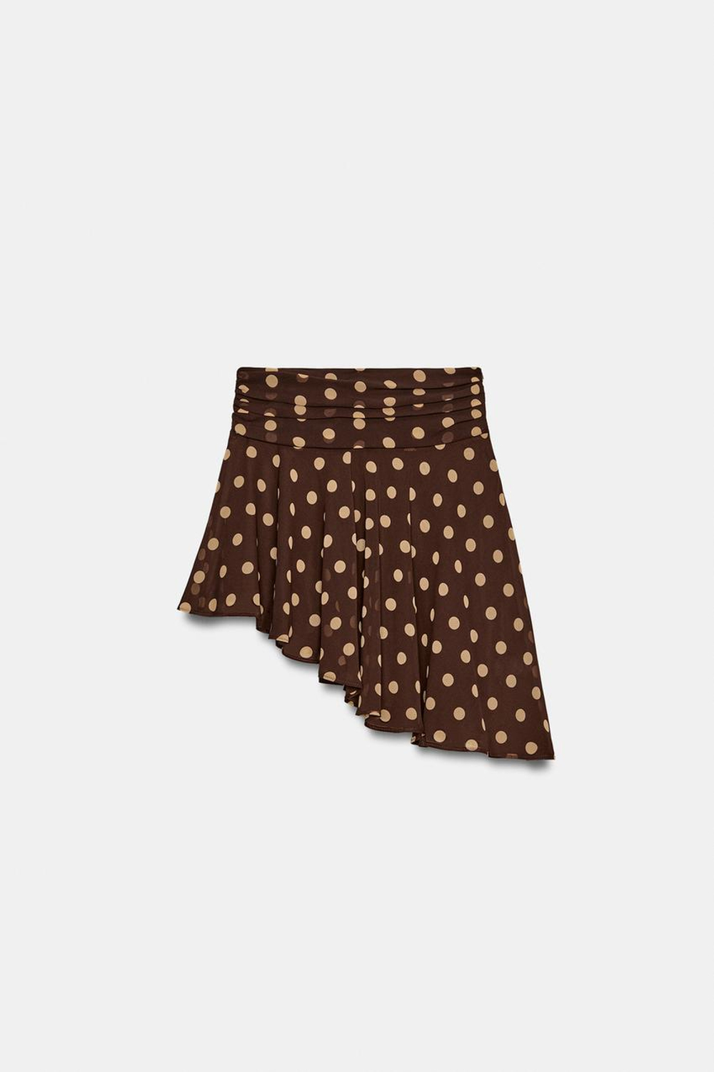 ZARA ЮБКА АСИММЕТРИЧНОГО КРОЯ В ГОРОШЕК, КОРИЧНЕВЫЙ/ЭКРЮ