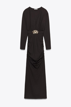 ZARA ПЛАТЬЕ ИЗ ПОЛИАМИДА С ПОЯСОМ И ФУРНИТУРОЙ, КОРИЧНЕВЫЙ