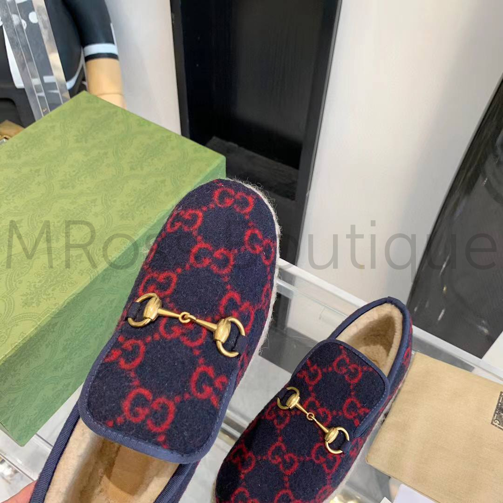 Женские лоферы Gucci GG Wool меховые с красным узором