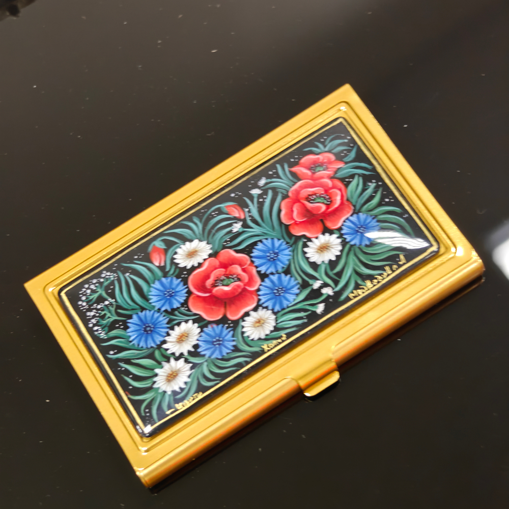 Коллекционная визитница "Полевые цветы" с ручной росписью Палех в футляре