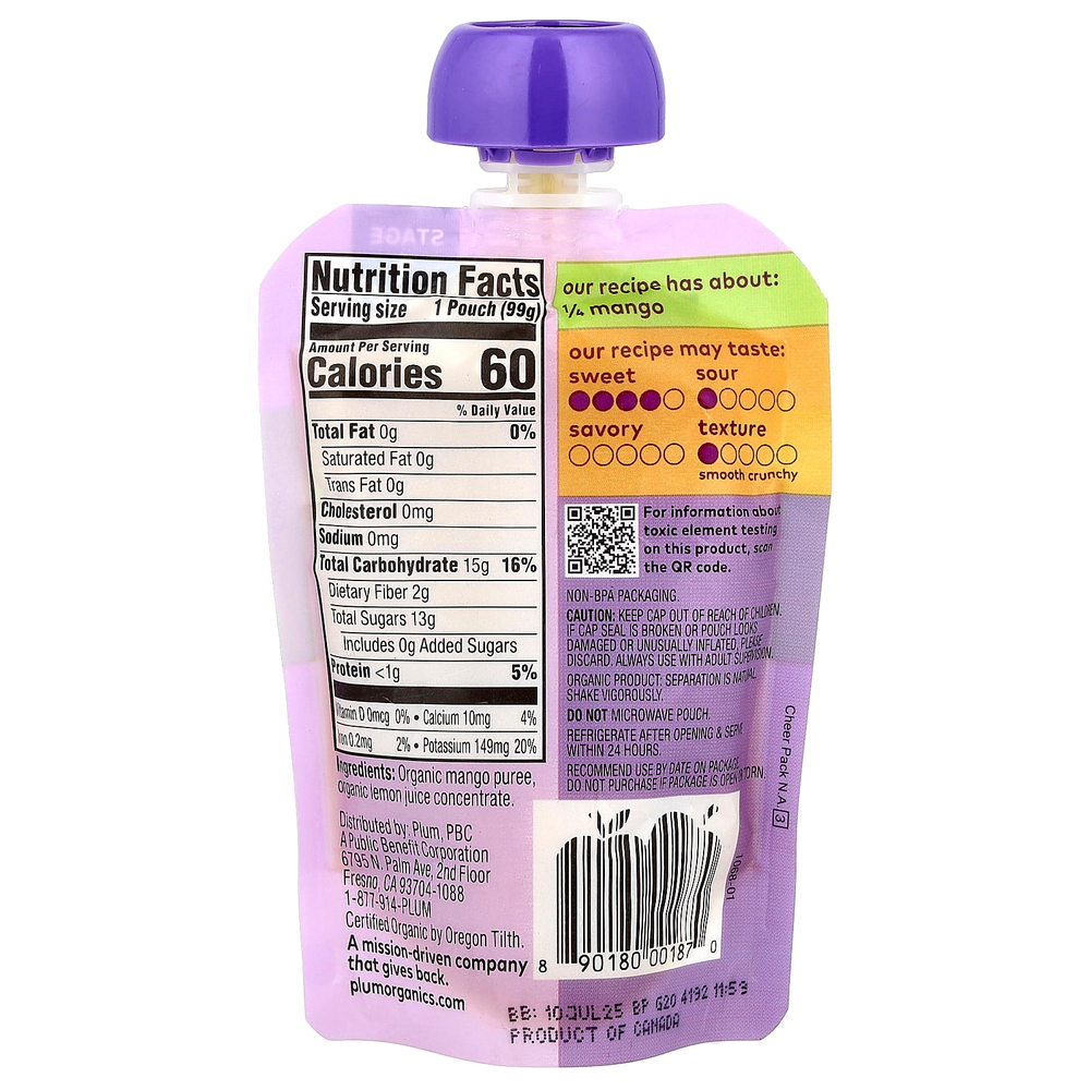 Plum Organics, Органическое детское питание, 1 этап развития, просто манго, 99 г (3,5 унции)