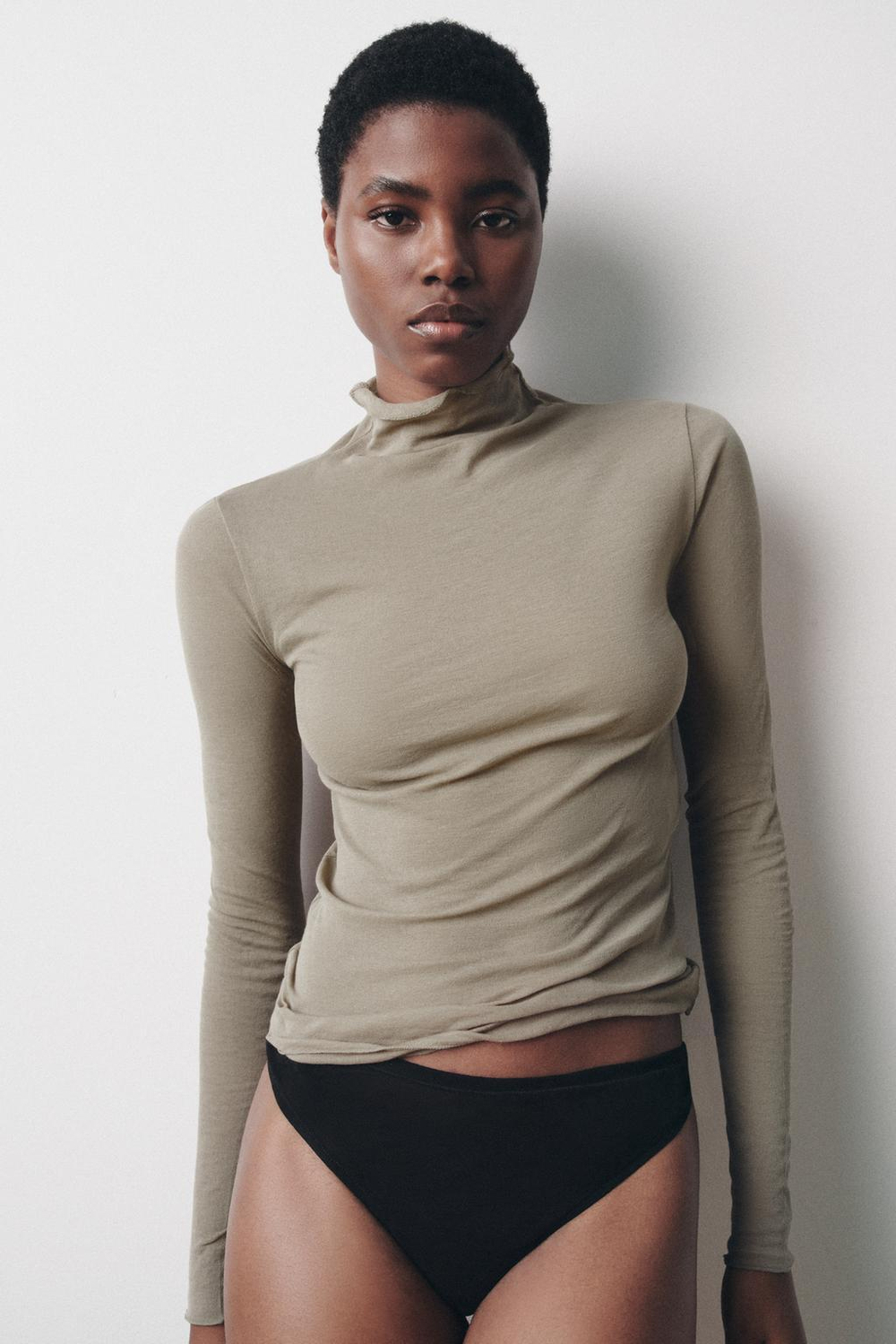 ZARA ХЛОПКОВЫЙ ТОП-ДЖЕРСИ, СЕРО-КОРИЧНЕВЫЙ