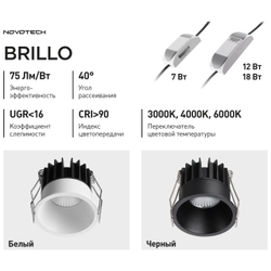 359866 WIR NT26 000 черный Светильник встраиваемый с переключателем цв. температуры IP20 LED 12W 100-265V 3000К/4000К/6000К BRILLO