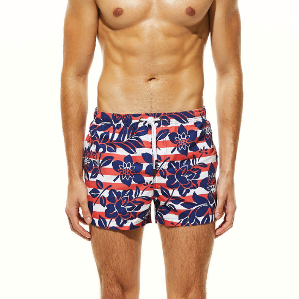 Мужские пляжные шорты красно-белые с синим принтом SEOBEAN