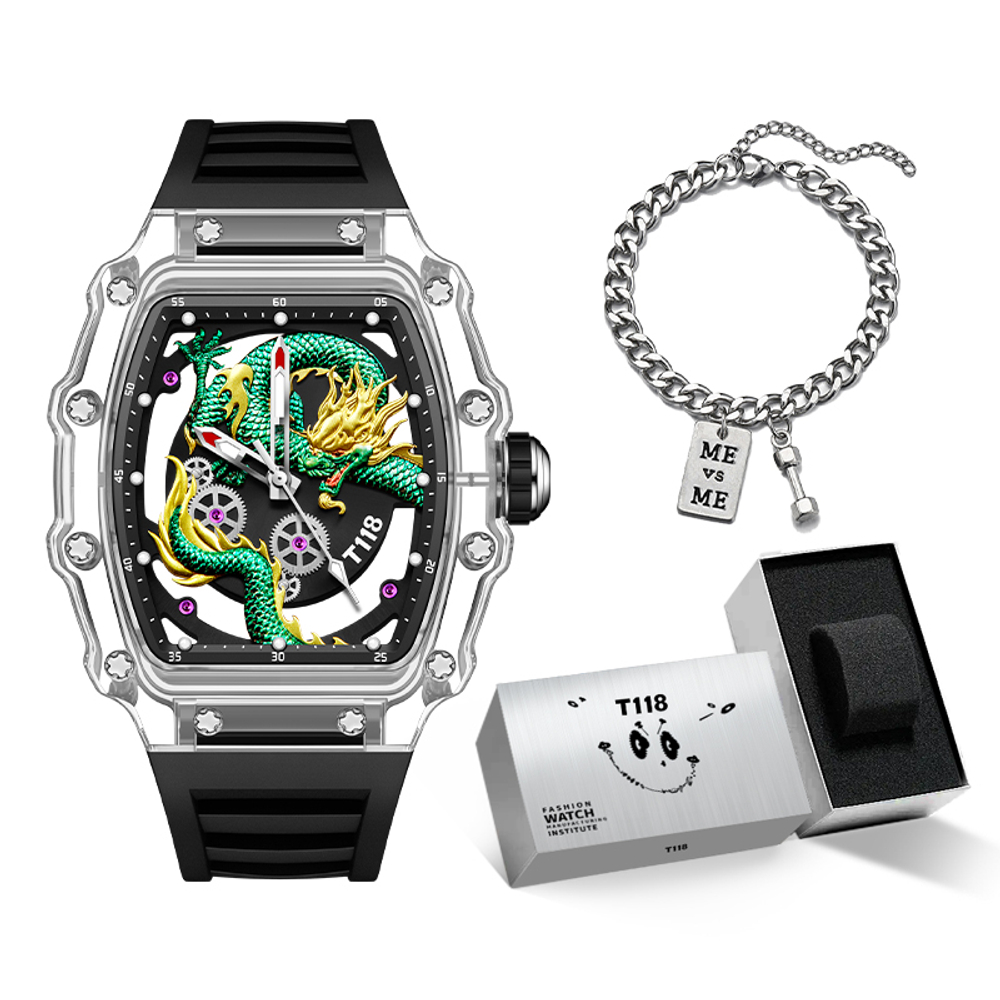 T118 Quartz Movement Silicone Strap Watch Men"s Watches Black Dial