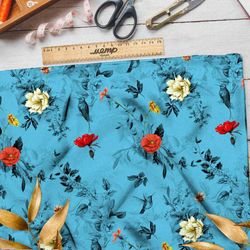 Ткань оксфорд 210 монохромные цветы на голубом