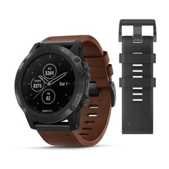 Мужские мультиспортивные часы Garmin Fenix 5X Plus Sapphire - серый с коричневым кожаным ремешком 010-01989-03